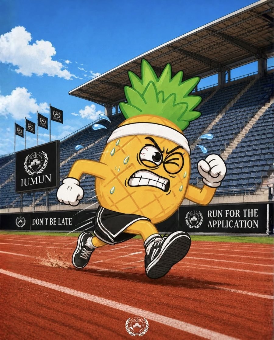 Koşu pistinde ter içinde koşan ananas maskotu, 'Run for the application' panosu