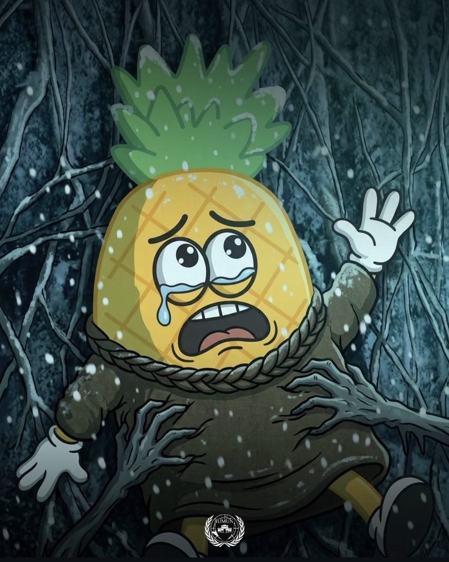 Karlı ormanda dallara takılmış ağlayan ananas maskotu