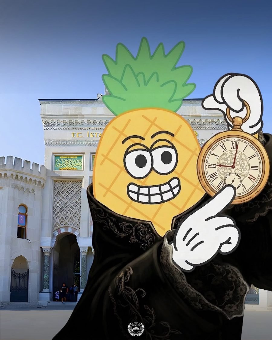 İstanbul Üniversitesi kapısı önünde cep saatini gösteren ananas maskotu