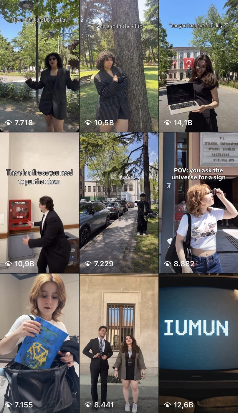 IUMUN Reels ızgarası, videolar 7 bin ile 14 bin arasında izlenme almış